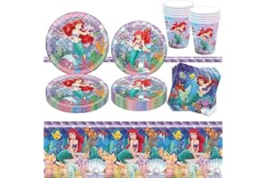 Newtic 69PCS Meerjungfrau Geburtstag Deko, Kinder Geburtstag Deko Set, Arielle Meerjungfrau Partygeschirr, Mit Meerjungfrau Teller, Servietten,Tassen,Tischdecke, für 10 Kinder Mädchen Jungen