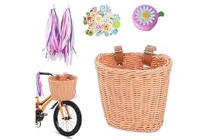 Cesta delantera para bicicleta infantil desmontable, EUBSWA cesta de mimbre delantera con campanas y serpentinas, accesorios para cesta de bicicleta para niñas