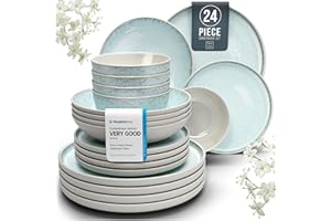PURE LIVING INTERIOR DESIGN 24 Piece Dinner Sets for 6 People - Beautiful Mediterranean Style Stoneware Dinner Set for 6 - Dishwasher & Microwave Safe Plates and Bowls Set for 6 - Dinnerware Sets by Pure Living in Beige-Blue