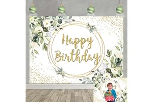 BUTEN Greenery Toile de fond « Happy Birthday » avec feuilles vertes d'eucalyptus vertes et dorées pour photographie, safari, jungle, fille, femme, fête prénatale, fête d'anniversaire (240 x 180 cm)