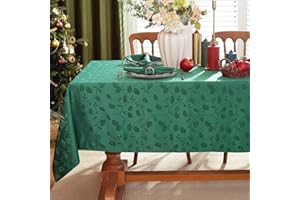 SASTYBALE Christmas Tablecloth Rectangle, Spillproof and Wrinkle Resistant Jacquard Table Cloth with Holly Leaves Patterns for Dining Room & Holiday Decoration (Green, 132 x 178 cm (4-6 Seats))