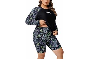 Halcurt Women's Built in Bra Long Sleeve Rash Guard Plus Size 2 Piece Swimsuit Shirt and Shorts