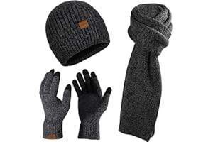 AISHNA Winter Beanie Hat Scarf and Touch Screen Gloves Set Knitted Hats Thermal Gloves Long Scarf for Men Women Neck Warmer 3 PCS Skull Cap Thick Fleece Lined Unisex