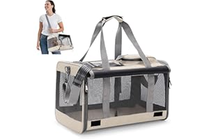 ALLSOPETS Trasportino Pieghevole per Gatti e Cani Fino a 9 kg, Borsa Morbida Traspirante con Tappetino Lavabile e Tracolla, per Viaggi Auto Aereo e Visite Veterinarie (Beige Avena)
