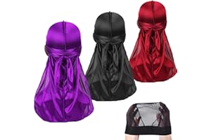 DAMOHONY 3 Stück Seidige Durag Packung mit Wellenkappe für Männer Frauen Wellen, Satin Doo Rag, Kopfwickel Durag Langen Schwanz Kopftuch Sanft Deckel für Haarwellen
