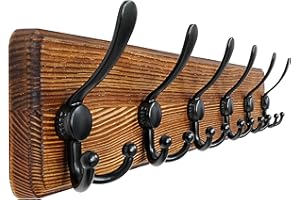 Dseap Coat Rack Wall Mount - 61cm Long, Patented, Heavy-Duty, 6-tri-Hooks, Rustic Wooden Wall Coat Hanger Hook Rail for Winter Coats Hat Jacket Clothing, Natural & Black