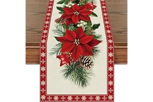 TARKLANDA Christmas Table Runner,Red Flower Holly Linen Runner Seasonal Winter Merry Xmas Kitchen Dining Table Decoration for Home Party Decor 40x140 cm
