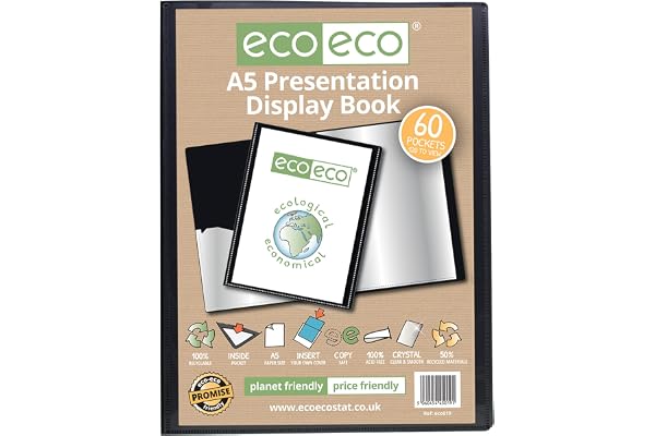 eco-eco A5 50% Recyclé 60 Pocket Couleur Noir Présentation Affichage du Livre, eco019