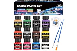 SHOPPGO 12 * 25ml Fabric Paint, Colori per Tessuti Permanenti, Pittura per Tessuti Lavabile, Vernice per Tessuti, Può Essere Utilizzato per Dipingere Vestiti Scarpe Borse di Tela, 2 Spazzola