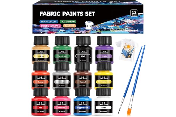 Peintures pour Textiles, 12*25ml Peinture pour Tissu, Peinture Textile Lavable, peinture tissu textile permanent, Peut être Utilisé pour Peindre des Vêtements Chaussures Sacs en Toile, 2 Brosse
