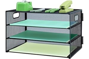 IOUGDSEC Paper Letter Tray with Handle, 3 Tier Metal Mesh Desk File Organizer, A4 Paper Desktop Filing Trays, Desk Tidy Magazine Document Holder for Home Office, Black