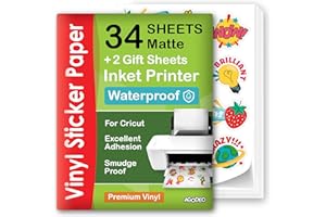 AGODEO Premium Printable Vinyl Sticker Paper - 34 Sheets - A4 - Matte - Waterproof - Laser & Inkjet Printable Vinyl Sticker Paper - Printable Sticker Paper That Dries Quickly - Compatible with Cricut