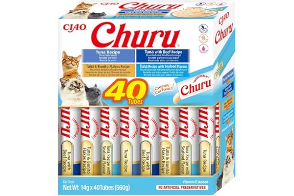 INABA Churu - Premios Puré para Gatos - 4 Sabores de Atún - Deliciosos Snacks para Felinos - Textura Blanda y Cremosa - Ideal Adiestramiento - 40 Tubos x 14g