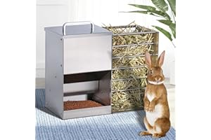 MOGOULUA Râtelier à foin 2 en 1 en acier inoxydable - Distributeur de nourriture pour lapins - Litière pour chat - Bouteille d'eau - Gamelles pour hamster