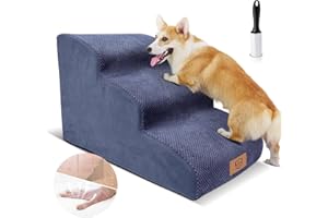 Myiosus Hundetreppe mit 3 Stufen aus Schaumstoff, Hunderampe mit abnehmbarem und waschbarem Plüschbezug, geeignet für Katzen, Hunde und kleine Haustiere, Sofa (blau)