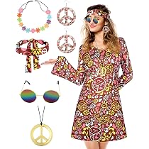 Costume Hippie Femme Années 70 - Robe, Bandeau, Collier, Boucles D'Oreilles, Lunettes - Pour Fête & Halloween