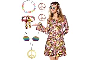 BIQIQI Costume Hippie des Années 70 pour Femme avec Accessoires, Tenue Discothèque, Deguisement Hippie Femme, Costume des Années 70 et 60, Robe Année 70, Carnaval, Mascarade