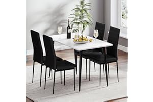JOOLIHOME LIVING Dining Table and Chairs Set of 4, 120CM Marble Effect Dining Table with 4 Faux Leather High Back Dining Chairs,Modern Dining Table Set for Home/Kitchen Office (White table and 4 black chair)