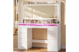 Hzuaneri Sminkbord med Stor HD-Spegel, 40 x 108 x 144 cm, Vit | Sminkbord med LED-Lampor, RGB-Ljuslist och Glasskiva, inklusive Grenuttag och 11 Lådor, Sovrum, DT44603XEU