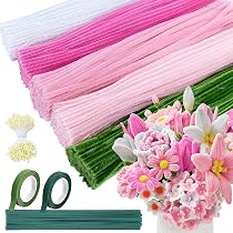 Kit 1200 Fils Chenille Fleur + Ruban Fleuriste - Pour DIY, Créations Florales Artificielles, Loisirs Créatifs