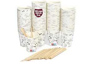 GOBECUPS 100 Gobelets Jetables en Carton Blanc pour Café, 240 ml / 8oz - Gobelets Résistants et Élégants pour Boissons Chaudes ou Froides, Parfaits pour Bureau et Maison. Inclus des Agitateurs en Bois