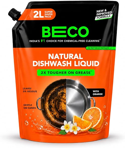 Beco Natural Dishwasher Liquid Refill | 2L Pack | Anti-Bacterial Formula | Orange Citrus Freshness | Ecofriendly Dish Washing Liquid Gel | Tough Grease Removal 