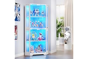 ‎BROTTAR BROTTAR Eckvitrine mit Glastüren, Tall 165cm Eck Bücherregal mit 3 Farben Led Beleuchtung, 4-Ebenen Vitrinenschrank mit Intelligente Sensorik für Wohnzimmer Schlafzimmer Büro, Weiß