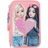Depesche 12950 TOPModel - Filled 3 Compartment Pink Pencil Case with Model Motif and Flip Sequins, Colored Pens, Cet