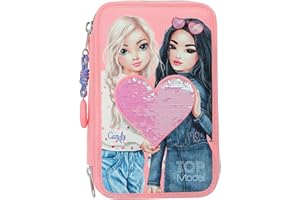 Depesche 12950 TOPModel - Wypełniony 3-komorowy piórnik w kolorze różowym, z motywem modelki i dwustronnymi cekinami, piórnik z kolorowymi kredkami, linijką, nożyczkami i wieloma innymi.