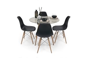 SENSACION DE HOGAR HOMELY MUEBLES DECORACION DESCANSO Homely - Conjunto de Comedor Nordic Cristal 100 Mesa de Cristal Redonda de 100 cm y 4 sillas nórdicas (Negro)