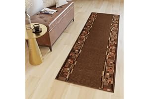 TAPISO Anti Rutsch Teppich Läufer rutschfest Brücke Meterware Modern Braun Orange Vierecke Figuren Design Flur Küche Wohnzimmer 80 x 250 cm
