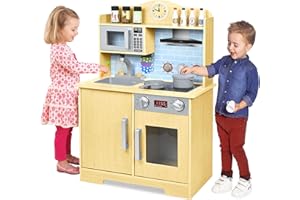 LARS360 Spielküche aus Holz, Kinderküche für Kinder, Spielküche aus Massivholz Küchenspielzeug Set inklusive Zubehör wie Mikrowelle, Backofen, Spüle, Kochutensilien und Gewürzen (59,5 x 29,5 x 92cm)