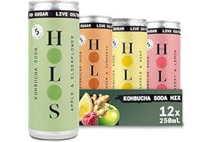 HOLOS Mixed Case Sparkling Kombucha Soda - 3x Each Raspberry & Lemon, Apple & Elderflower, Ginger & Turmeric, Pineapple & Mint - Sugar Free Gluten Free Live Culture Drink - 12 x 250ml Kombucha Cans