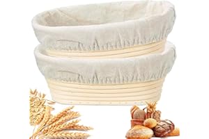 AUROBEST 2 Pezzi Cestino Lievitazione Pane con Fodera Tessuto Lino, 25 x 15 x 8cm Cestini Pane Rattan Naturale, Cestino Fermentazione Ovale per Impasto, Cesto Pagnotta per Panettieri Domestici e Professionisti