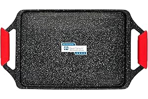 briebe Black Titanium Plaque à Griller Induction Anti-adhésif Titane, Fonte d'Aluminium, Plancha Grill 43 X 25cm, Revêtement sans PFOA, Poignées en Silicone, Vitrocéramique, Gaz, Four