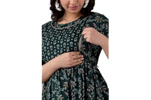 Women's Cotton Long A-Line Maternity Kurti/Anarkali Dress with Zipper, Feeding Kurti for Pre and Post Pregnancy