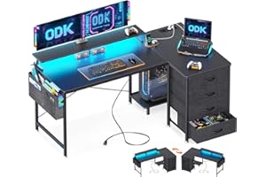 ODK Scrivania Gaming Angolare, 140x80x84.7cm Scrivania Angolare Reversibile con 4 Cassetti, Tavolo a Forma di L con LED e 2 Porte di Ricarica USB e 2 Prese di Corrente per Casa Ufficio, Nero