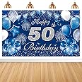 Nicola 50th Birthday Backdrop Banner, Happy 50th Birthday Decorations, Blue Silver Fabric Photo Backdrop Background for Women & Men 30th Birthday Party Decorations Indoor & Outdoor Home, 180×110cm