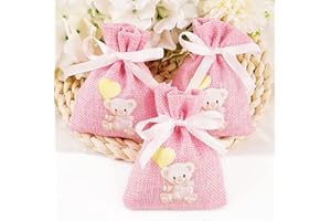 BETESSIN 24Pz Sacchetti Battesimo Rosa Orsetto Bomboniere Portaconfetti Nastrino Regalo Addobbi Bambini Decorazioni Battesimo Nascita Compleanno Feste