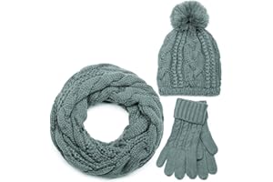 styleBREAKER set coordinato di sciarpa, cuffia e guanti, sciarpa in maglia con motivo intrecciato con cuffia a pon pon e guanti, donna 01018208