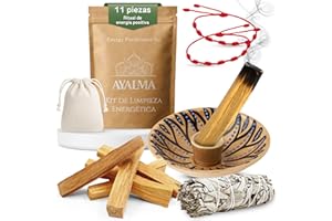 AYALMA® Kit Limpieza Energética con Palo Santo y Salvia Blanca para Quemar – Ritual de Energía Positiva con Música Medicina, Pulseras Rojas de 7 Nudos y Quemador Artesanal (Marrón)