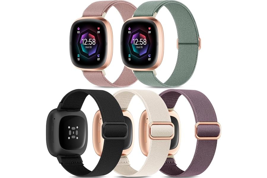 Higgs 5 Pack Straps Compatible with Fitbit Versa 4 Strap/Fitbit Versa 3 Strap/Fitbit Sense 2 Bands for Women Men, Soft Elastic Nylon Sport Replacement Band for Versa 4/Versa 3/Sense,Color 3