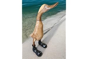 Kinaree Holz Ente - 43cm handgefertigte Holz Ente mit Gummistiefel aus Bambus, als Tischdeko, Gartendeko oder Geschenk geeignet