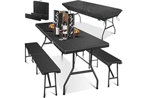 Kesser® Beer Tent Set – 3 Piece Set, Table + 2 x Bench, for Indoor / Outdoor, Folding, Carry Handles, HxWxD: 73 x 180 x 75 cm, Plastic, Rattan-Look Garden Set, Folding Table, Garden Table, Black