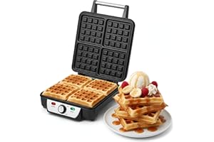 Andrew James 4 Slice Belgian Waffle Maker | Non-Stick Four Waffle Maker Machine | Waffle Irons with Adjustable Temperature | Cast Waffle Iron for Delicious Deep Waffles | 1100 Watts