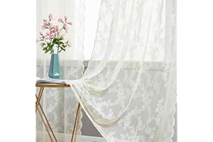 MIULEE Koronkowa firanka z przezroczystej koronki haftowanej w kwiaty z rozciętymi krawędziami, beżowe zasłony z motywami kwiatowymi, zasłony filtracyjne do sypialni, salonu, 2 x 150 x 260 cm