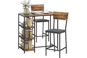 HOMCOM 3 Piece Breakfast Bar Table Set, Space Saving Bar Table and PU Leather Stools for 2, Dining Table Set with Storage Shelves, Rustic Brown