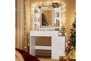 VASAGLE KAILYN Collection - Dressing Table with LED Lights, 40 x 97.5 x 145 cm, Modern Makeup Desk, Vanity Table with Mirror, Drawers, Open Compartments, Adjustable Shelves, Cloud White RDT124W02