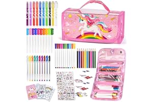 Auney Feutres Coloriage Enfants, Trousse de Papeterie Licorne avec Marqueurs, Anniversaire Licorne Jouet et Cadeau Fille 4 5 6 7 8 9 10 Ans(60 pcs)