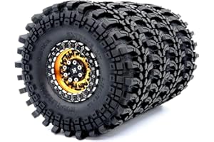 HOBBYSOUL Pneus RC 1.9 de 121 mm de haut et jantes Beadlock 1,9 dorées et noires, décalage négatif 5 mm, roues et pneus Beadlock 1/10 pour Mud Crawler SCX10 TRX4 Gen8, (lot de 4, assemblé)